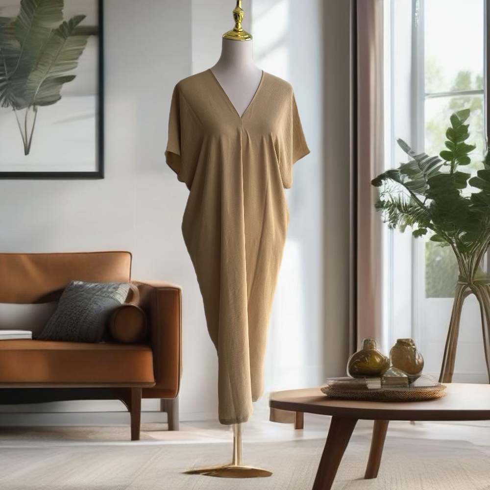 0067/ Nude Kaftan Style Dress Crinkle Airflow Material